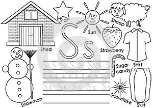 Letter S. English alphabet. Writing practice for children.