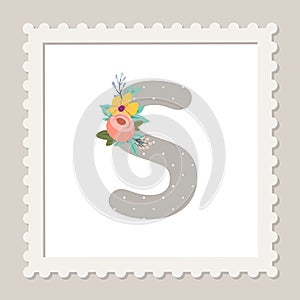 Letter S with flowers. Floral alphabet font uppercase