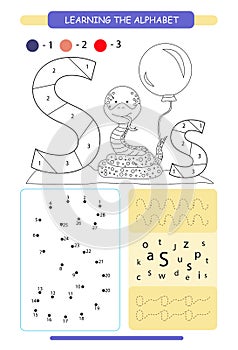 Letter S and funny cartoon snake. Animals alphabet a-z. Coloring page. Printable worksheet. Handwriting practice. Connect the dots