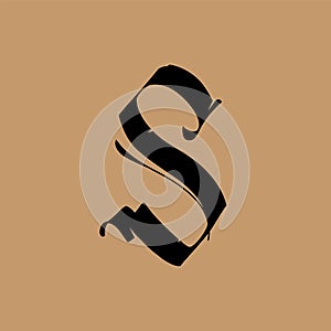 Letter S, in the Gothic style. Vector. Alphabet. The symbol is isolated on a golden background. Calligraphy and lettering.