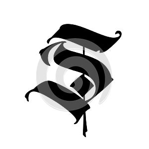 The letter S in the Gothic style. Vector. Old alphabet. The symbol is isolated on a white background. Calligraphic, medieval Latin