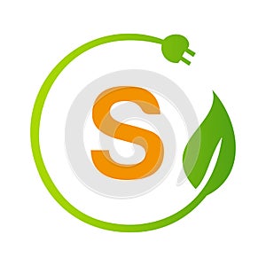Letter S Green Energy Electrical Plug Logo Template. Electrical Plug Sign Concept with Eco Green Leaf Vector Sign