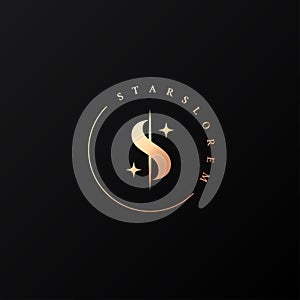 Letter S logo. Gold star round logo on black