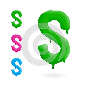 Letter S logo. Green, blue and pink character with drips. Dripping liquid symbol. Isolated vector.