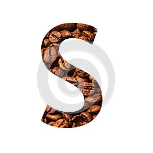 Letter S made from coffee beans isolated on white background