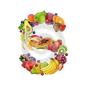 Letter S made of different fruits and berries, fruit font isolated on white background, healthy alphabet