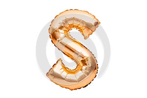 Letter S made of golden inflatable helium balloon isolated on white. Gold foil balloon font part of full alphabet set of upper