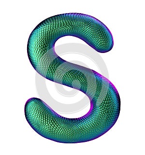 Letter S made of natural green snake skin texture isolated on white.