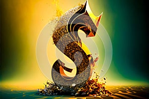 The letter s is made up of gold and silver glitter and surrounded by pile of rocks