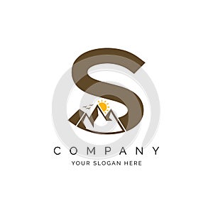 letter S with mountain logo inspiration, alphabet S with mountains, peaks, sun and birds concept design logo vector line pattern