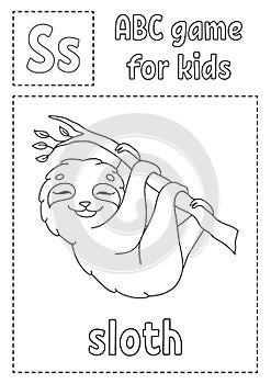 Letter S is for sloth. ABC game for kids. Alphabet coloring page. Cartoon character. Word and letter. Vector illustration