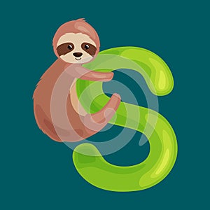 Letter s with sloth animal for kids abc education in preschool.