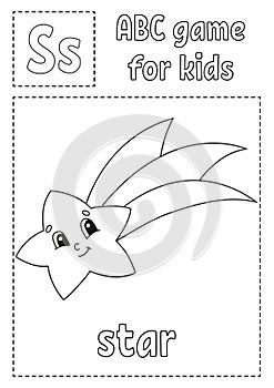 Letter S is for star. ABC game for kids. Alphabet coloring page. Cartoon character. Word and letter. Vector illustration