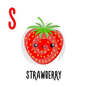 Letter S Strawberry. Animal and food alphabet for kids. Cute cartoon kawaii English abc. Funny Zoo Fruit Vegetable learning.