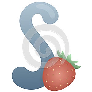 Letter S and strawberry on a white background, educational card. English vocabulary and alphabet, vector for children