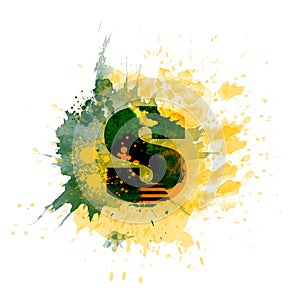 letter S typography design, dark green and yellow ink splash grunge watercolor splatter, isolated on white, grungy backgro photo