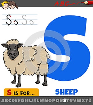 Letter S worksheet with cartoon sheep farm animal character