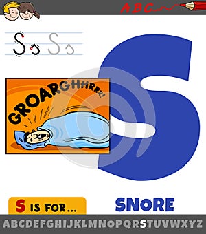 letter S worksheet with cartoon snore phrase