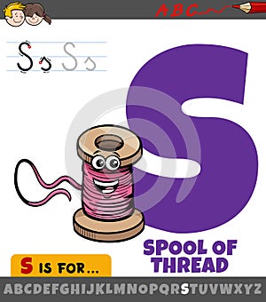 letter S worksheet with cartoon spool of thread