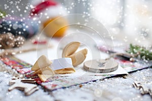 Letter of Santa Claus on a wooden table, gift and Christmas decor and snow