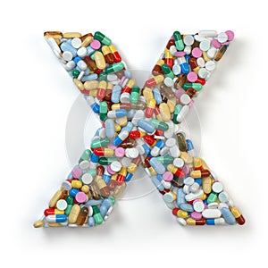 Letter X. Set of alphabet of medicine pills, capsules, tablets a