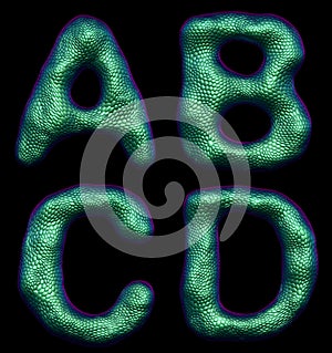 Letter set A, B, C, D made of realistic 3d render natural green snake skin texture.