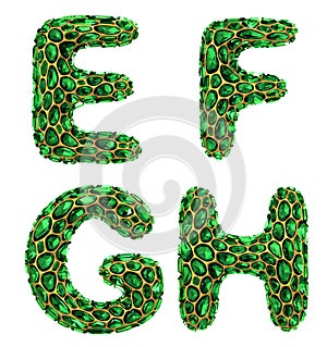 Letter set E, F, G, H made of realistic 3d render green diamond. Collection of Diamond alphabet