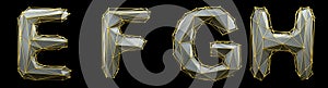 Letter set E, F, G, H made of realistic 3d render silver color. Collection of gold low polly style