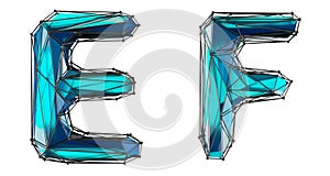 Letter set E, F made of realistic 3d render blue color. Collection of low polly style