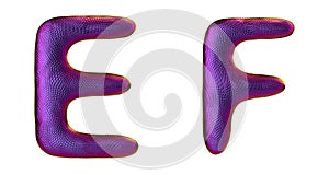 Letter set E, F made of realistic 3d render natural purple snake skin texture.