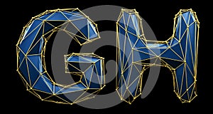 Letter set G, H made of realistic 3d render blue color. Collection of low polly style alphabet isolated on black