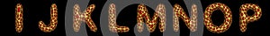 Letter set I, J, K, L, M, N, O, P made of realistic 3d render golden shining metallic.