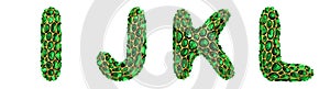Letter set I, J, K, L made of realistic 3d render green diamond. Collection of Diamond alphabet