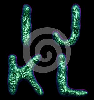 Letter set I, J, K, L made of realistic 3d render natural green snake skin texture.