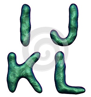 Letter set I, J, K, L made of realistic 3d render natural green snake skin texture.