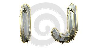 Letter set I, J made of realistic 3d render silver color. Collection of gold low polly style