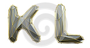 Letter set K, L made of realistic 3d render silver color. Collection of gold low polly style