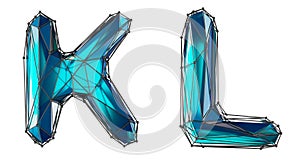 Letter set K, L made of realistic 3d render blue color. Collection of low polly style photo