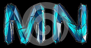 Letter set M, N made of realistic 3d render blue color. Collection of low polly style