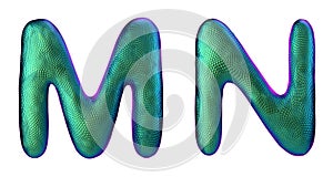 Letter set M, N made of realistic 3d render natural green snake skin texture.