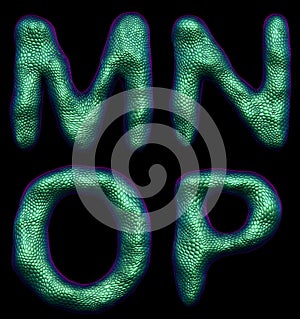 Letter set M, N, O, P made of realistic 3d render natural green snake skin texture.