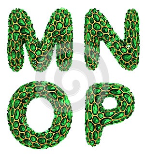 Letter set M, N, O, P made of realistic 3d render green diamond. Collection of Diamond alphabet photo