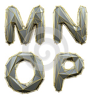 Letter set M, N, O, P made of realistic 3d render silver color. Collection of gold low polly style photo