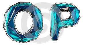 Letter set O, P made of realistic 3d render blue color. Collection of low polly style