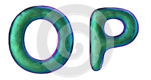 Letter set O, P made of realistic 3d render natural green snake skin texture.