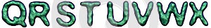 Letter set Q, R, S, T, U, V, W, X made of realistic 3d render natural green snake skin texture.