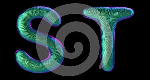 Letter set S, T made of realistic 3d render natural green snake skin texture.