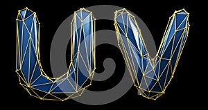 Letter set U, V made of realistic 3d render blue color. Collection of low polly style alphabet isolated on black