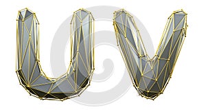 Letter set U, V made of realistic 3d render silver color. Collection of gold low polly style