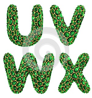 Letter set U, V, W, X made of realistic 3d render green diamond. Collection of Diamond alphabet